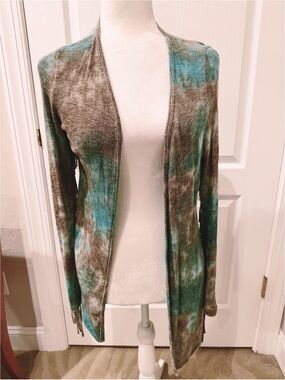 NWOT T Party Tie-Dye Cardigan in Teal Brown with Fringe on Sleeves & Back
